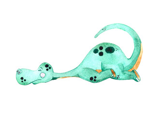 Watercolor children's illustration with a cute green dinosaur in cartoon style. Illustration for t-shirts, fabrics, stickers, posters, postcards, packaging paper, gifts