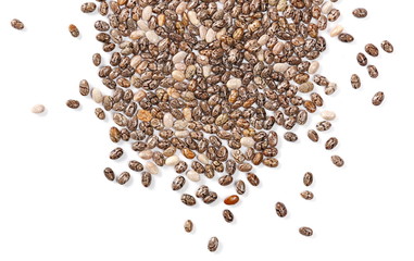 Chia seeds macro isolated on white background, top view