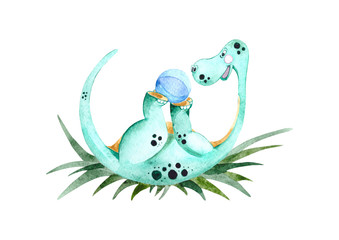 Watercolor children's illustration with a cute green dinosaur in cartoon style. Illustration for t-shirts, fabrics, stickers, posters, postcards, packaging paper, gifts