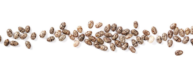 Chia seeds macro isolated on white background, top view