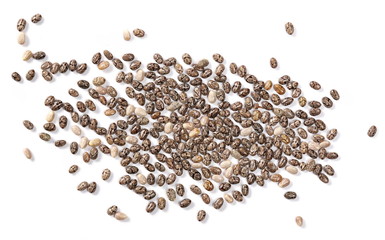 Chia seeds macro isolated on white background, top view