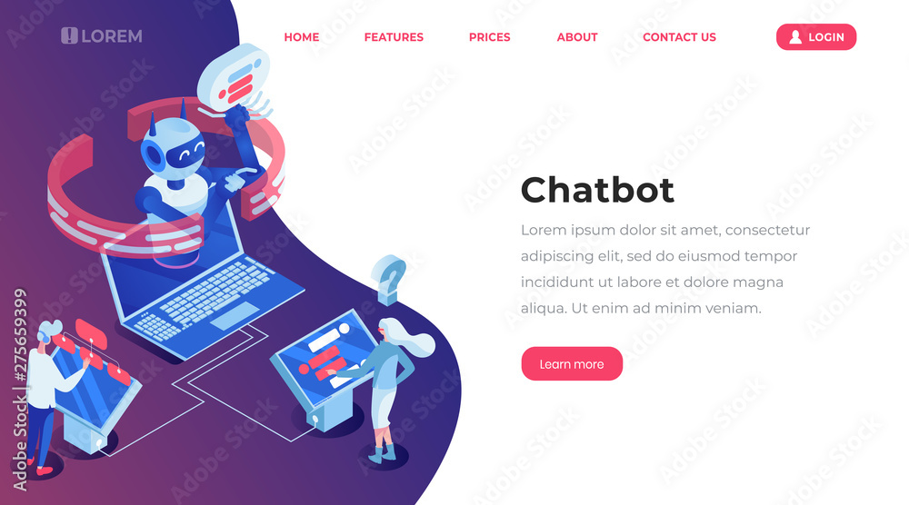 Wall mural chatbot isometric landing template page. online customer support robot, help service, people chattin