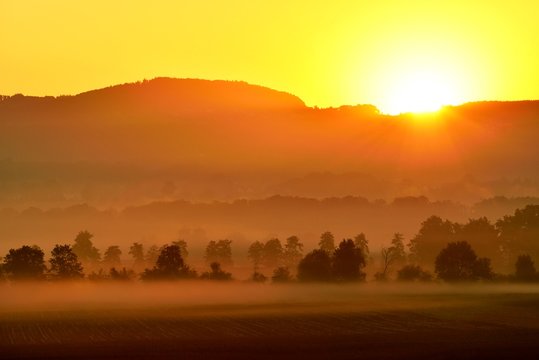 Reuss valley, sunrise in fog, autumn, Aristau, Canton of Aargau, Switzerland, Europe