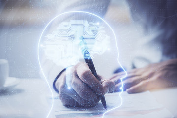 Man with multi exposure brain theme icons.
