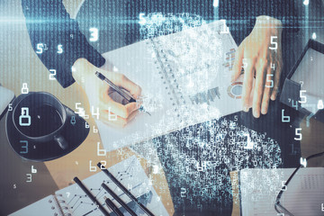 Multi exposure of woman's writing hand on background with data technology hud. Big data concept.