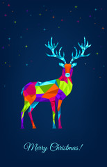 Christmas  greeting card with polygonal colorful   reindeers.