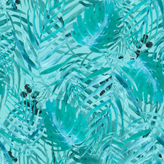 Tropical leaves. Watercolor leaves of a tree, palms, bamboo, nettle, abstract splash. Watercolor abstract seamless background, pattern, spot, splash of paint, branch with berry. Tropic pattern.