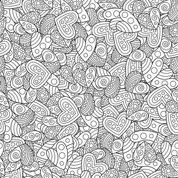 Creative Seamless Pattern of Contour Hearts for Page of Coloring Book.