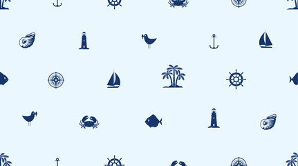 Vector seamless pattern on the travel theme with cute sea objects, anchor, sailboat, lighthouse, crab, fish, seagull, palm, seashell. Dark blue elements of marine design on the light blue background © paseven