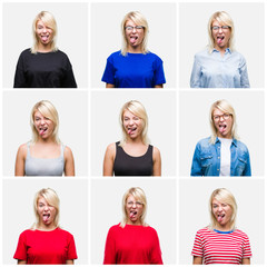 Collage of beautiful blonde woman wearing differents casual looks over isolated background sticking tongue out happy with funny expression. Emotion concept.