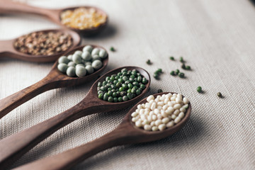 collection set of urad dal, beans, green peas, lentils, rice in wooden spoons.
