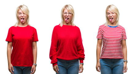 Collage of beautiful blonde woman wearing casual red over isolated background sticking tongue out happy with funny expression. Emotion concept.