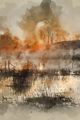 Digital watercolor painting of Landscape of lake in mist with sun glow at sunrise