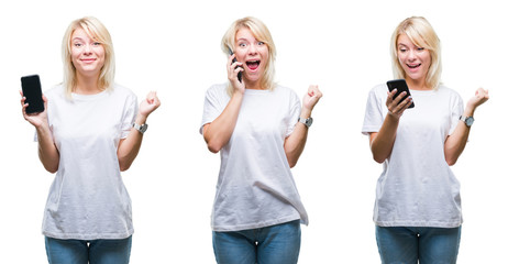 Collage of beautiful blonde woman using smartphone over isolated background screaming proud and celebrating victory and success very excited, cheering emotion