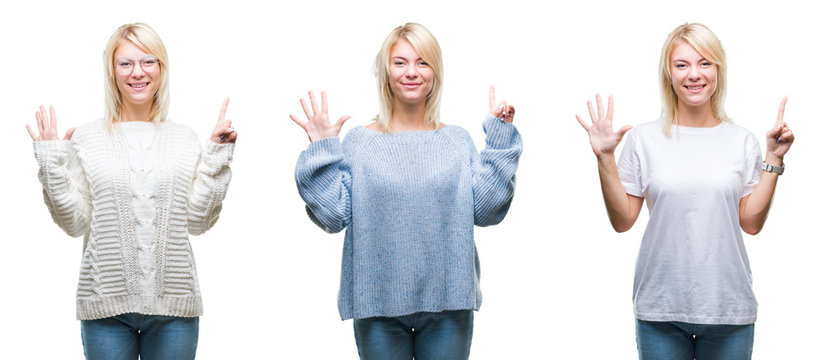 Collage of beautiful blonde woman wearing winter sweater over isolated background showing and pointing up with fingers number six while smiling confident and happy.