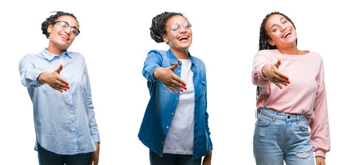 Collage of beautiful braided hair african american woman over isolated background smiling friendly...