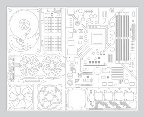 Electronic computer background. Computer hardware components. Vector of computer accessories parts.