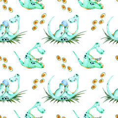 Seamless watercolor pattern with green dinosaurs. Watercolor children's illustration in cartoon style for t-shirts, fabrics, stickers, packaging paper, gifts