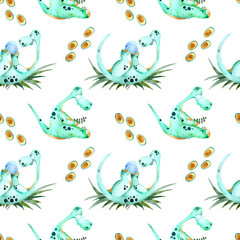 Seamless watercolor pattern with green dinosaurs. Watercolor children's illustration in cartoon style for t-shirts, fabrics, stickers, packaging paper, gifts
