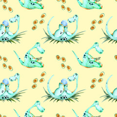 Seamless watercolor pattern with green dinosaurs. Watercolor children's illustration in cartoon style for t-shirts, fabrics, stickers, packaging paper, gifts