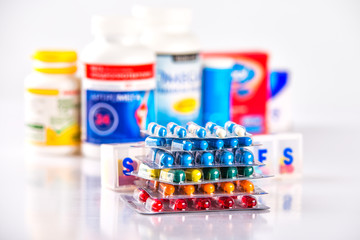 Drug prescription for treatment medication. Pharmaceutical medicament, cure in container for...
