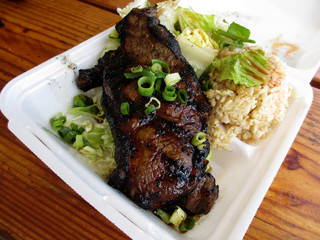 Steak with Salad and brown rice on a to go Styrofoam plate