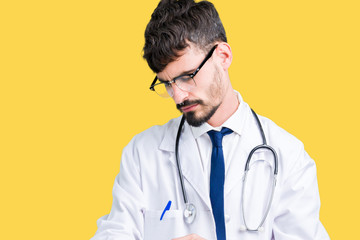 Young doctor man wearing hospital coat over isolated background Checking the time on wrist watch, relaxed and confident