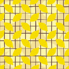 Yellow lemon seamless pattern on stripe background. Print with citrus fruits collection.