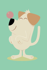 Fully editable illustration of a yellow Labrador dog showing his ability balancing a ball on his nose