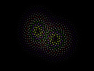 Abstract Background Image, Illustration - Colorful Dots Arranged into two symmetrical circles, offset circular geometry. Recursive abstract symmetrical patterns, black background