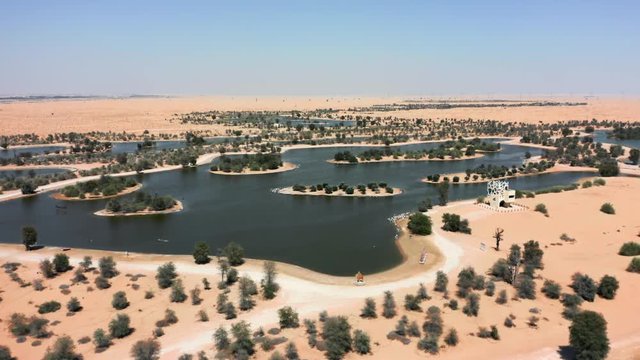 Drone footage of man-made Al Qudra lake in Dubai, United Arab Emirates