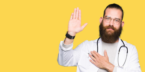 Young blond doctor man with beard wearing medical coat Swearing with hand on chest and open palm, making a loyalty promise oath