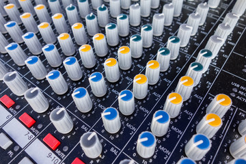Fototapeta premium Close up of music equipment for sound mixer control, electronic device. DJ control panel