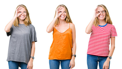 Fototapeta premium Collage of beautiful blonde woman over white isolated background doing ok gesture with hand smiling, eye looking through fingers with happy face.
