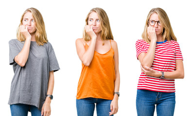 Collage of beautiful blonde woman over white isolated background looking stressed and nervous with hands on mouth biting nails. Anxiety problem.