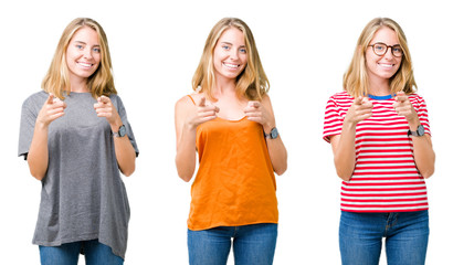 Collage of beautiful blonde woman over white isolated background pointing fingers to camera with happy and funny face. Good energy and vibes.