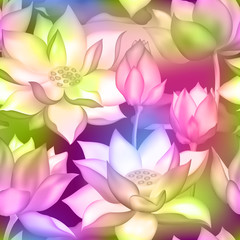 Lotus buds and flowers seamless textile print., Water lilly nelumbo aquatic plant packaging design.