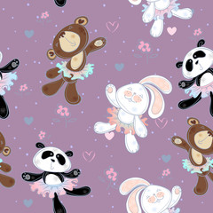 Seamless pattern with cute little animals . The Bunny the bear and Panda. Ballerinas, Vector