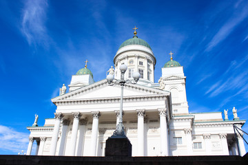 St. Nicholas Cathedral of Helsinki, Finland. Cathedral on Senate Square and beautiful blue sky