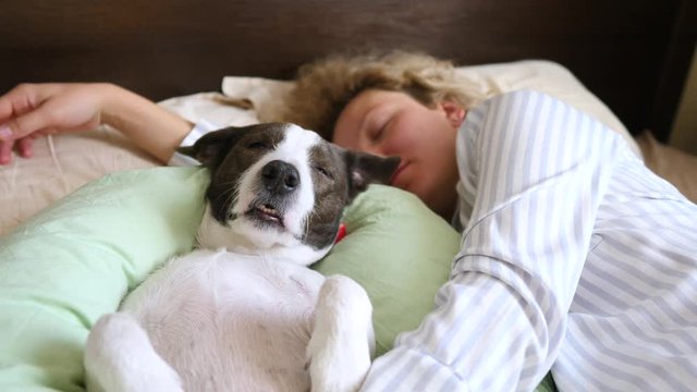 Young Woman Lying And Sleeping With Dog In Bed.