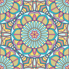 Decorative colorful ethnic seamless pattern for fabric or wrapping in oriental style. Hand drawn illustration