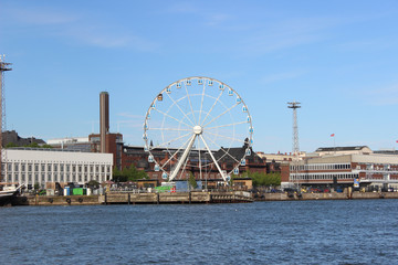Helsinki, Finland. View on the sea bay, boats, houses and the islands. The Gulf of Finland