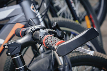 Bicycle gears, disc brake and rear derailleur. Studio shot on black background. bicycle repair shop