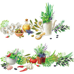 Banners with aromatic herbs in pots and vegetables