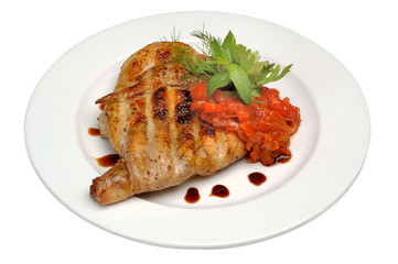 Grilled Chicken braised pepper with tomato, mint and arugula on a plate on a white isolated background