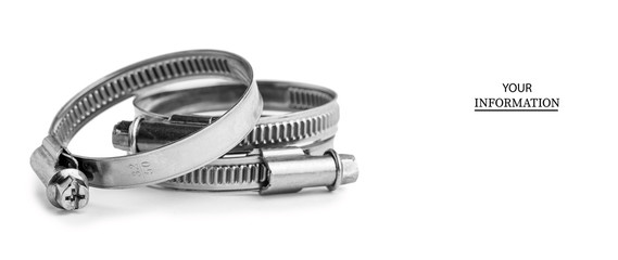 Different metal clamps for hose connection isolated on white background close up