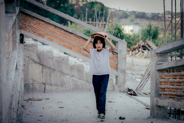 Children are forced to work in the construction area. Human rights concepts stop child abuse,...