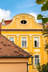 Architectural facade detail of the beautiful building of the Municipal Hospital in Medias, Sibiu County, Transylvania, Romania