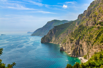 Fototapeta na wymiar Amalfi coast on Mediterranean sea south of Naples, Italy. Beautiful view of the Amalfi Coast at daytime. Amalfi coast situated in province of Salerno, in the region of Campania, Italy. 