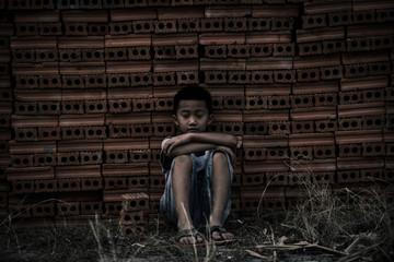 Children are forced to work in the construction area. Human rights concepts stop child abuse, violence, fear and child labor.
